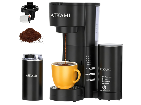 AIKAMI 4‑in‑1 Single Serve Coffee Maker with Milk Frother and Coffee Grinder