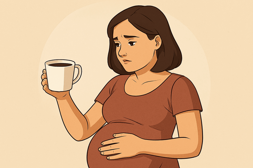 illustration , pregnant woman looking at coffee