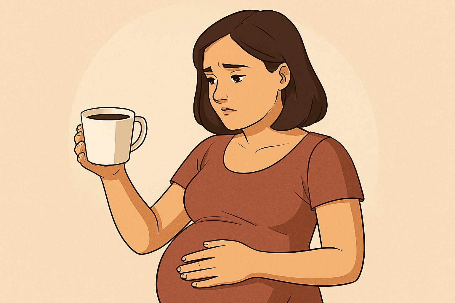 illustration , pregnant woman looking at coffee