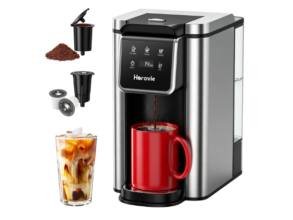 Horavie Hot and Iced Single Serve Coffee Maker, for K‑Pod and Grounds
