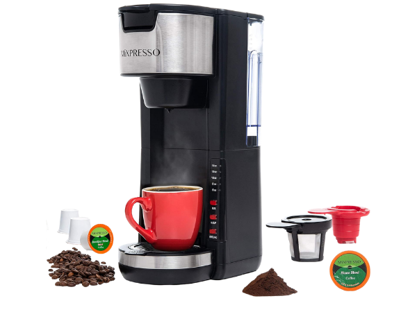 Mixpresso Black Single Serve Coffee Brewer (K-Cup Pods Compatible & Ground)