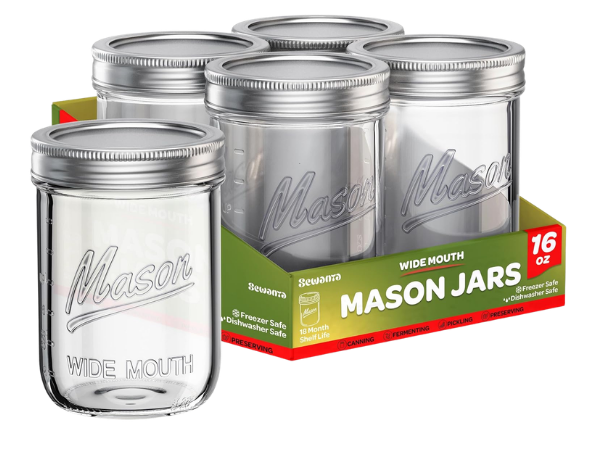 SEWANTA - Wide Mouth Mason Jars 16 oz (5 Pack)