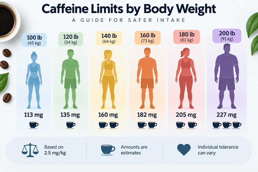 Caffeine limits by body weight chart showing estimated daily caffeine intake levels for people weighing 100, 120, 140, 160, 180, and 200 pounds.