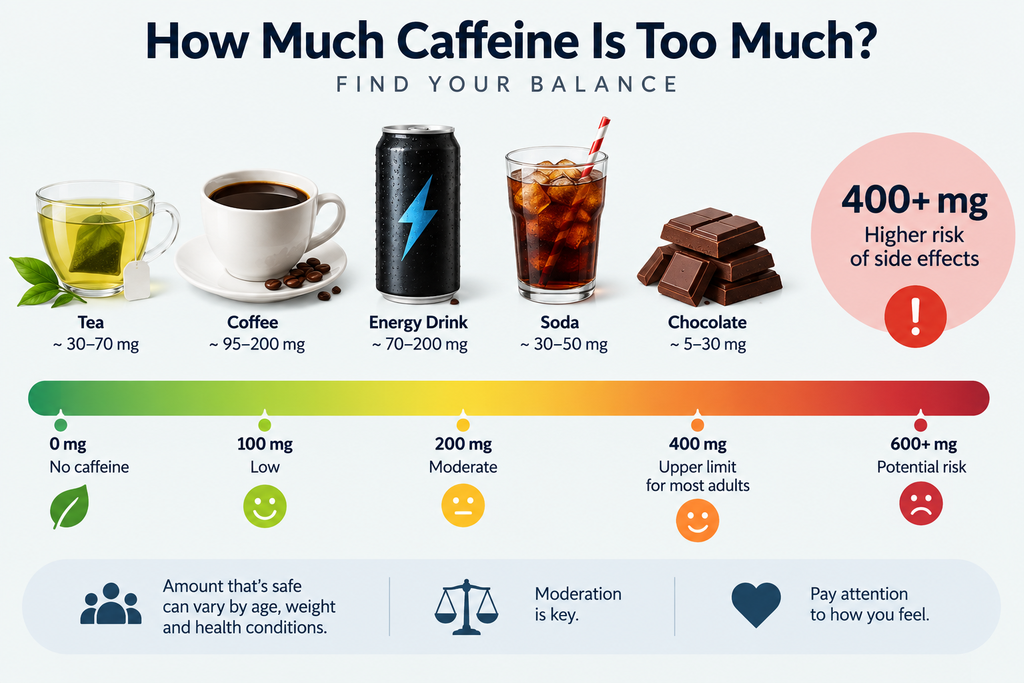 How much caffeine is too much infographic showing caffeine levels in coffee, tea, energy drinks, soda, and chocolate, with a 400 mg daily limit for most adults.