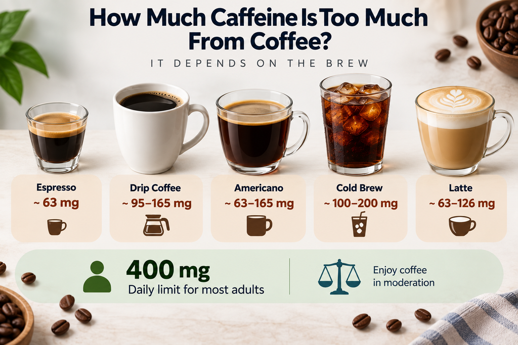 How much caffeine is too much from coffee infographic showing caffeine amounts in espresso, drip coffee, Americano, cold brew, and latte, with a 400 mg daily limit for most adults.